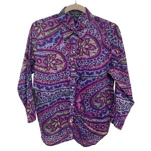 Lauren Ralph Lauren Shirt Purple Paisley Print Button Down Size L Cotton